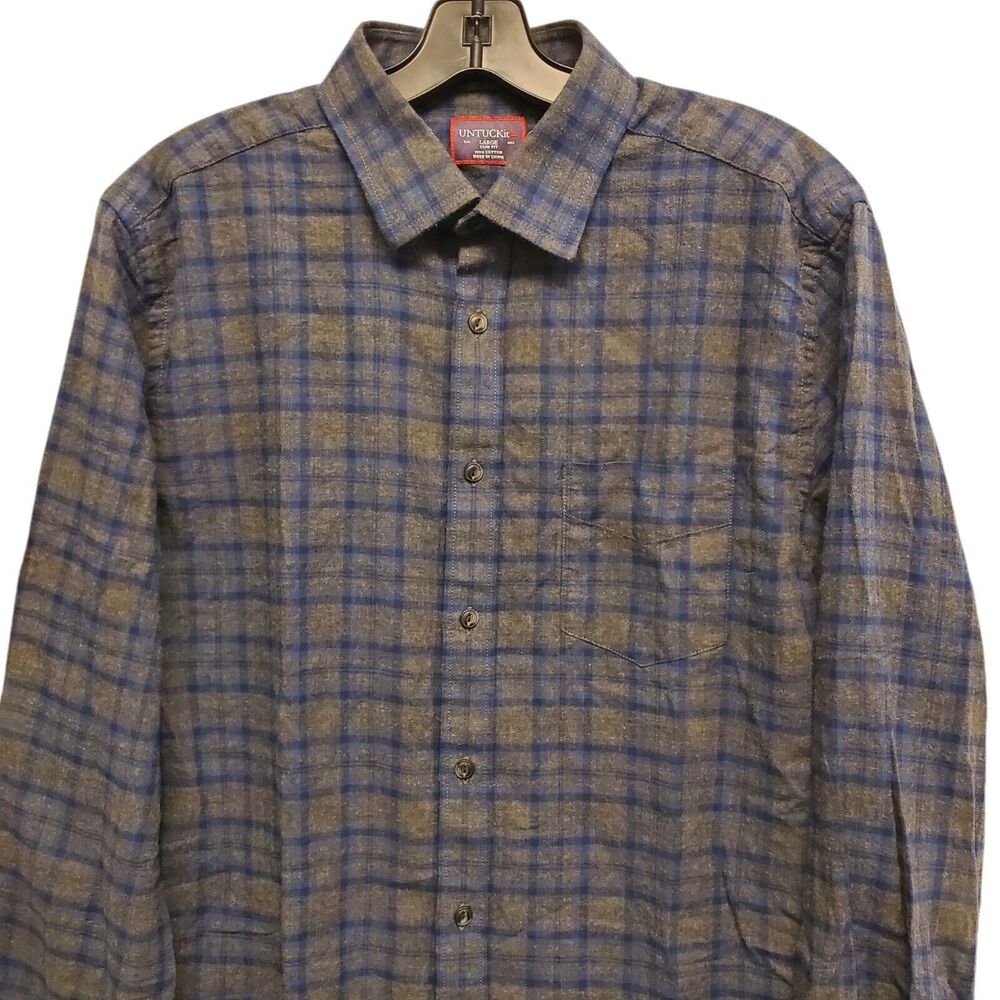 UNTUCKIT Shirt Men Large Green Blue Tartan Plaid Slim Fit Button Up Metro Preppy - Picture 2 of 8